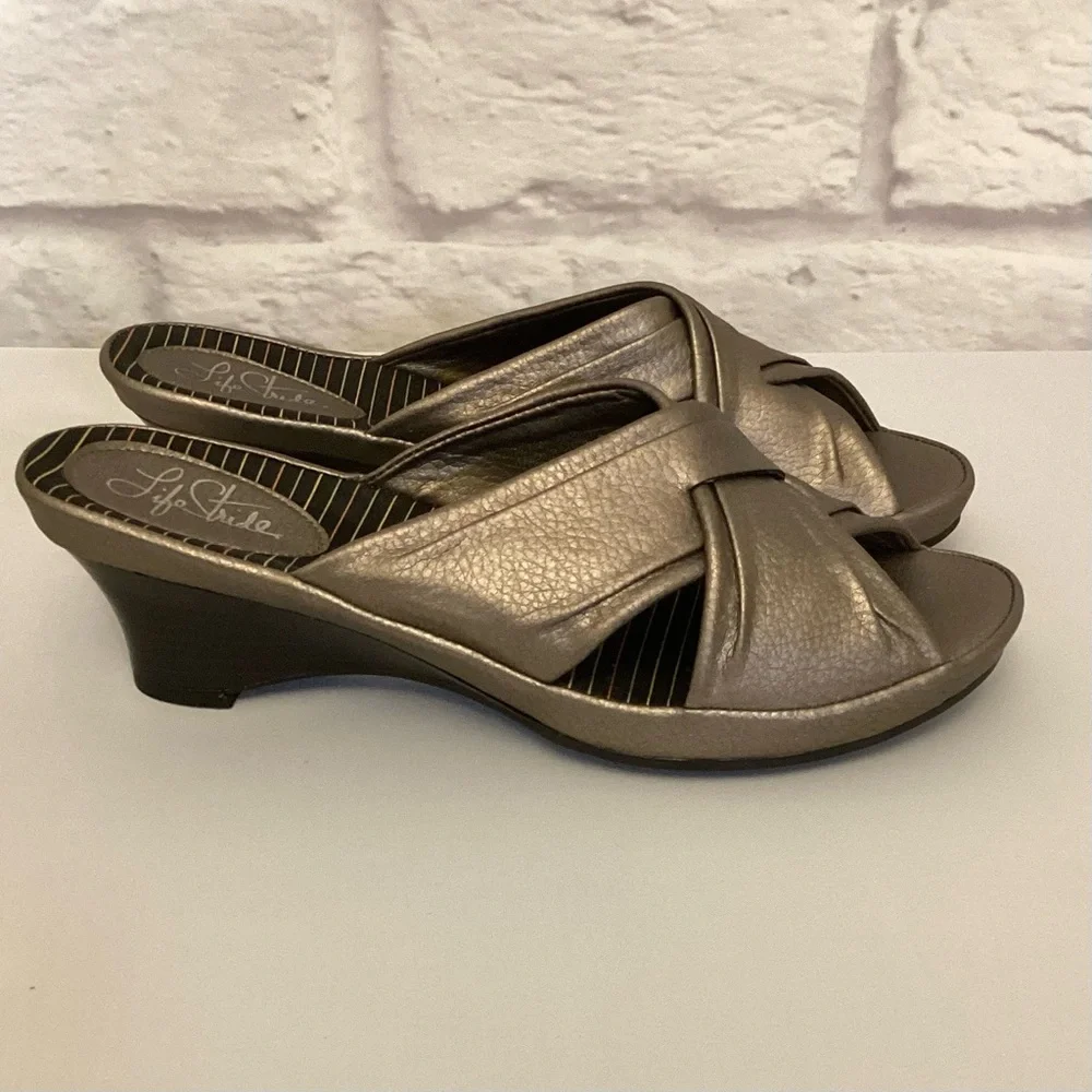 Life Stride Bronze Metallic Slip-On Heeled Sandals